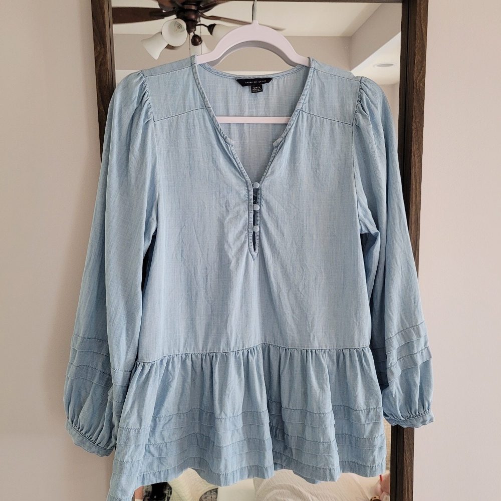 American Eagle AE lyocell chambray tiered tunic top prairie boho cottage…